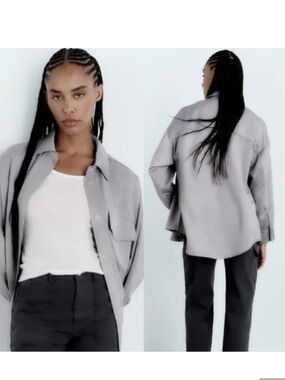 Zara Oversized Satin-Effect Shirt — purplish/gray